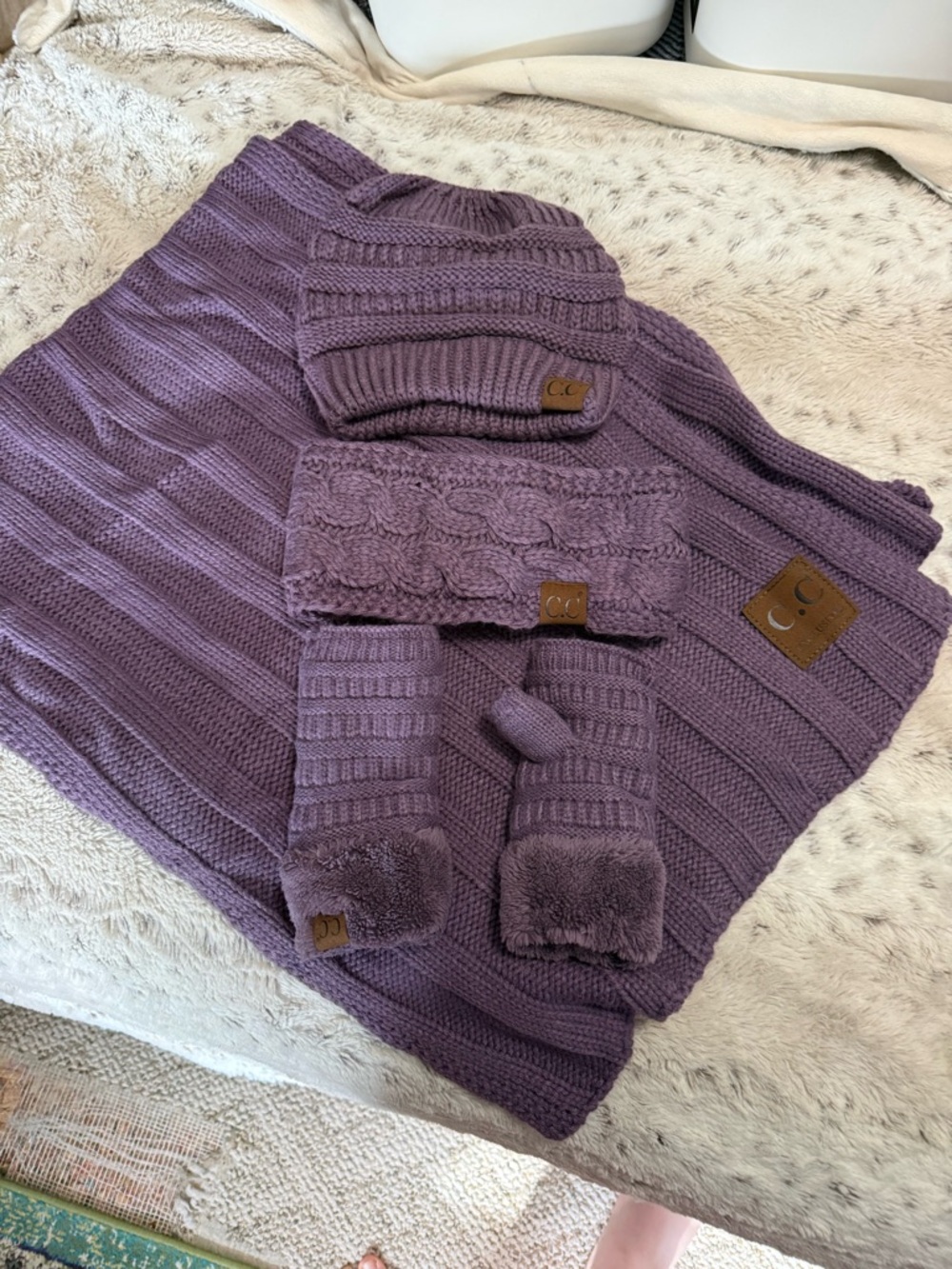 CC Purple Scarf and matching hat, fingerless gloves & headband ear warmer Set